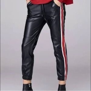 David Lerner Black Faux Leather Jogger With Red Contrast Stripe